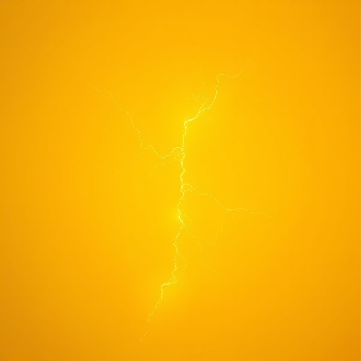 Generate a bright yellow lightning bolt on a plain background with high contrast, using a DSLR camera with a f/2.8 aperture, ISO 100, 1/250 shutter speed, shot from a frontal view in a studio setting for sharp details and vibrant colors.