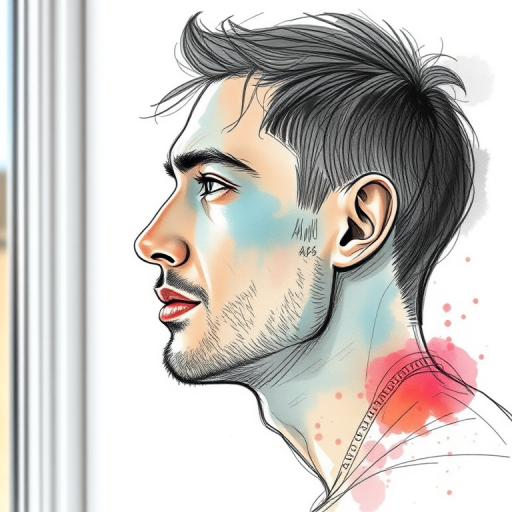 regenerate the image of a male profile sketched in a mixed media style with watercolor accents, using a Canon EOS R5, 50mm lens, f/1.8 aperture, ISO 100, natural window light, focus on intricate line work and soft color gradients