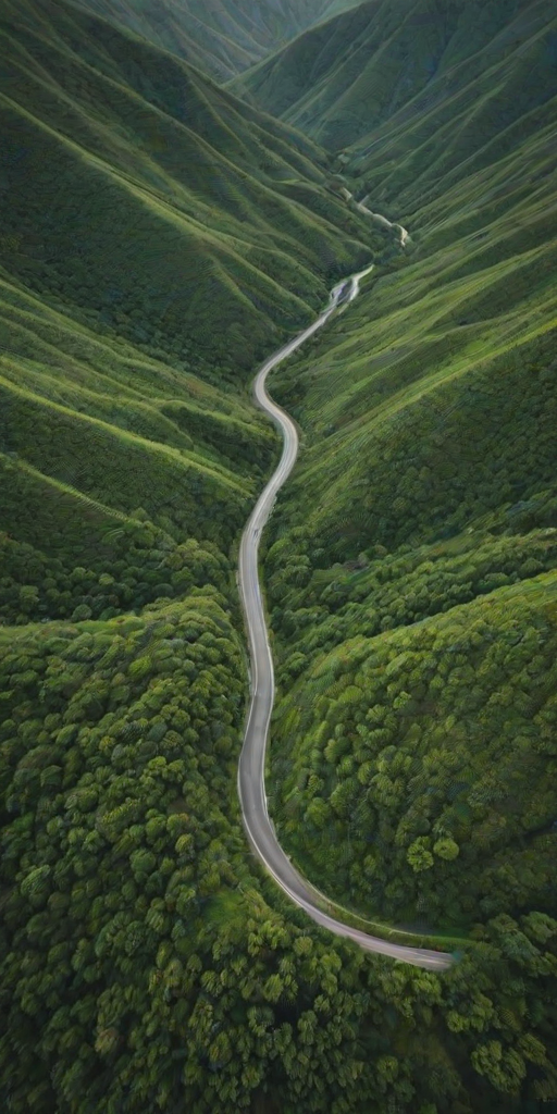 aerial view of a winding road through lush green mountains under a cloudy sky