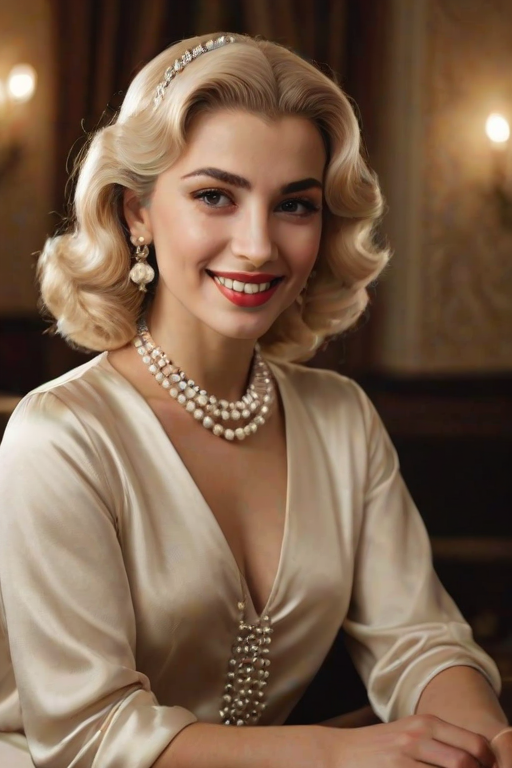 A beautiful Sephardic woman reminiscent of 1950s Hollywood glamour, with perfectly styled blonde hair and a seductive smile, dressed in a satin blouse and adorned with pearls, soft and warm tones, photorealistic, 8K
