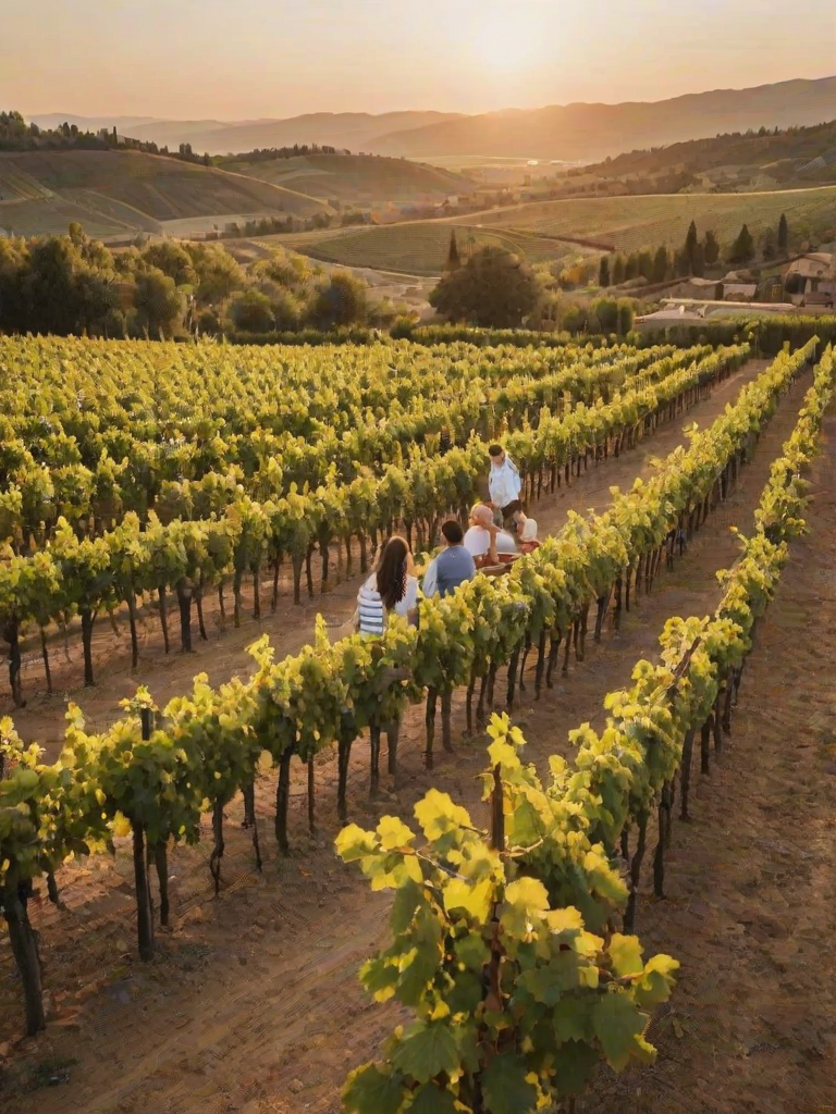 Picturesque vineyard during the golden hour, with rows of grapevines stretching into the distance, a couple enjoying a wine tasting on a rustic terrace, surrounded by natural beauty.