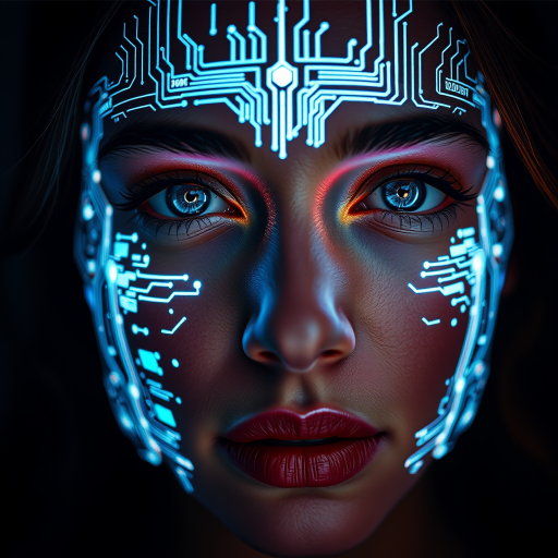 Close-up portrait of a woman with glowing circuitry patterns overlaying her face, emphasizing her radiant eyes, photographed with a Canon EOS R5, 85mm f/1.2 lens, aperture at f/1.2, ISO 100, and a soft focus style with dramatic high contrast lighting.