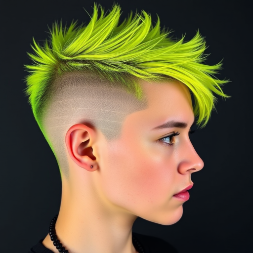 Edgy portrait highlights Electric Neon undercut, vibrant yellow-green short hair on top with shaved sides featuring intricate geometric patterns