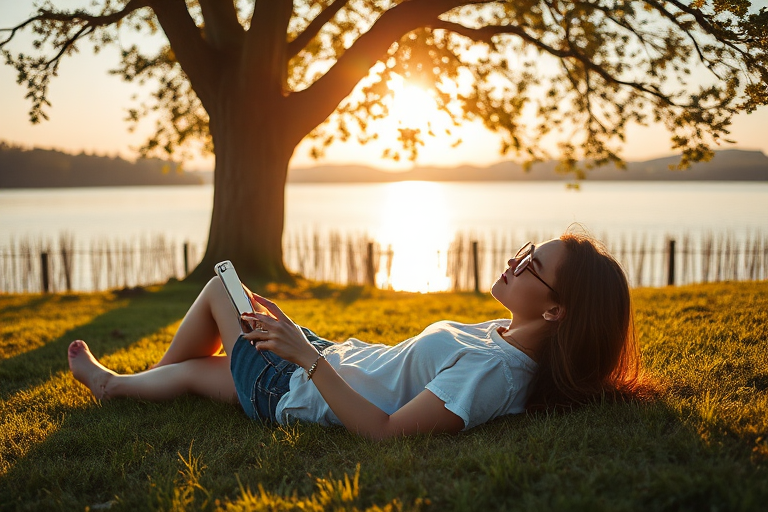 regenerate the image of a woman lying on grass under a tree by a lake, wearing sunglasses and using a phone, captured with a DSLR camera, 50mm lens, f/2.8 aperture, ISO 100, shot during golden hour for soft lighting and enhanced details