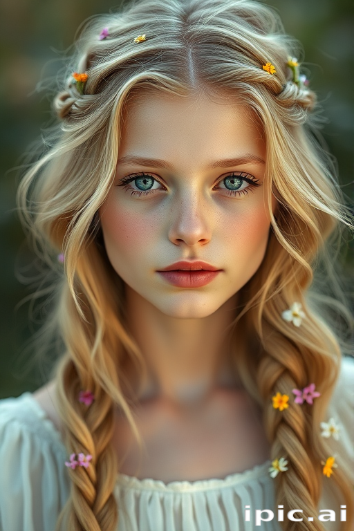 Create an image of a young woman with long, wavy blonde hair, adorned with small, colorful flowers woven into her braids and loose strands. Her complexion is fair, with soft, glowing skin, and she has light blue eyes that gaze softly at the viewer. She wears a light, flowing dress with a gentle, ethereal quality, complementing her delicate and serene appearance. The background is slightly blurred, drawing focus to her tranquil expression and the intricate details of the flowers in her hair. The overall mood of the image is one of natural beauty and grace, evoking a sense of peacefulness and connection with nature.