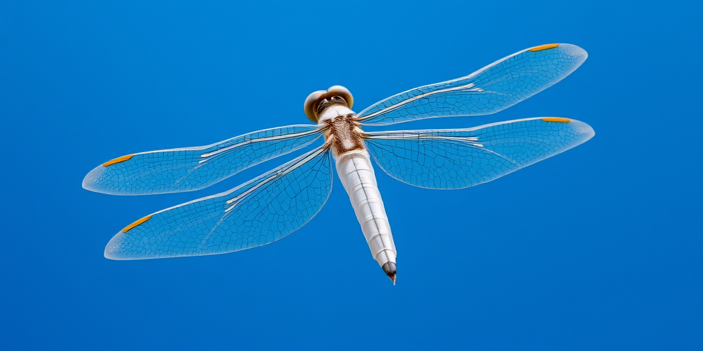 Create a high-resolution image of a white intricately detailed dragonfly against a gradient blue background with macro lens settings, f/2.8 aperture, 1/100s shutter speed, natural lighting, and a digital DSLR camera.