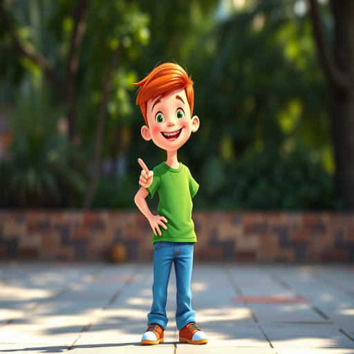 Create a bright and colorful cartoon image of a cheerful boy with short red hair, wearing a green shirt and blue jeans, standing with one hand on his hip and pointing forward, using a 50mm lens at f/2.8, natural lighting, and a cartoon style.