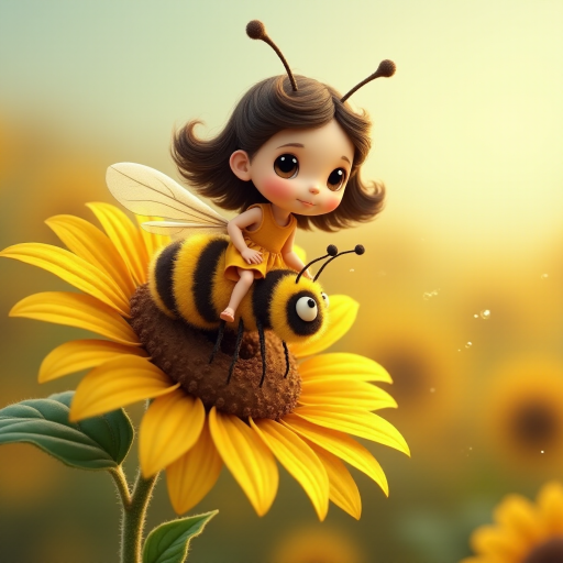 a whimsical cute girl with big eyes, big hair and flowing dress, riding astride a bumble bee, and flying across the top of the sunflower, which are just waking up, and catching dew drop of rain