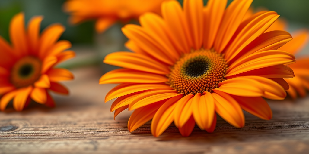 macro shot of a vibrant orange daisy flower with detailed petals centered on a wooden surface, f/2.8 aperture, ISO 100, 50mm lens, soft natural lighting, shallow depth of field, DSLR camera