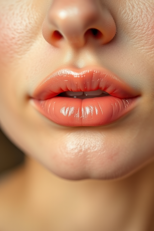 Romantic woman lips with a soft peach tinted lip balm, dewy and fresh, subtly enhancing natural lip color, embodying youthful radiance