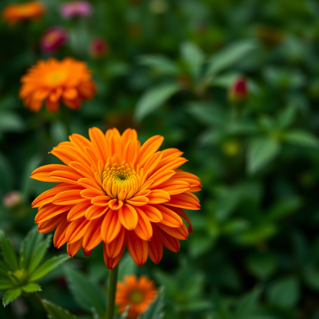 close-up shot of a vibrant orange chrysanthemum flower in a lush green garden background, f/2.8 aperture, ISO 100, 1/200 sec shutter speed, macro lens, natural light, DSLR camera