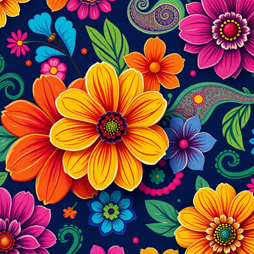 vibrant floral pattern with colorful flowers and paisley designs, high resolution, macro lens, f/2.8 aperture, 50mm focal length, natural light, digital camera