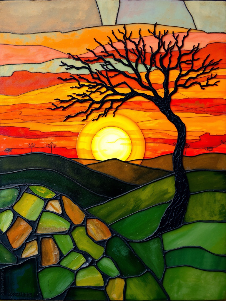 A vibrant abstract painting on Tiffany Glass, blending acrylic and alcohol ink techniques, captures a dramatic sunset over rolling hills. The artwork features a textured, rocky foreground in green and brown, layered abstract hills, and a striking sunset in rich oranges, yellows, and reds. A solitary black tree with intricate branches contrasts against the fiery sky, creating a dynamic and expressive portrayal of a breathtaking natural scene.