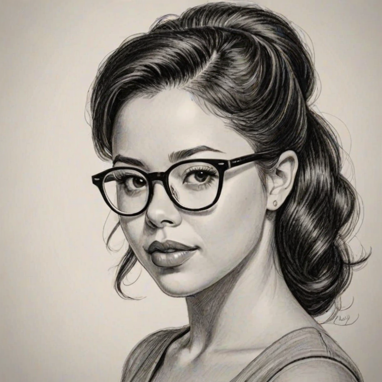 Ravishing Cierra Ramirez, pencil sketch, portrait of Bewitching woman 1956s in glasses, hair style beatnik, outline, clear lines, fine lines, 8k