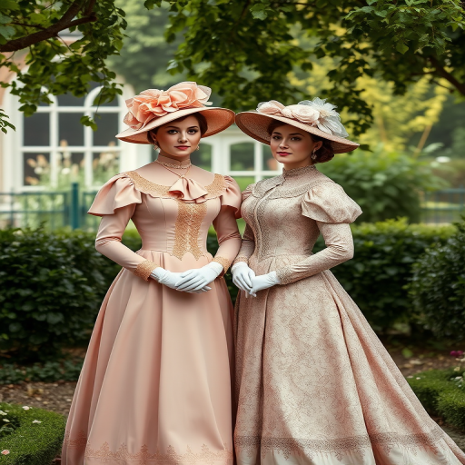 Create an image of two Victorian women in elegant outfits standing in a garden, using a DSLR camera with a 50mm lens, aperture f/2.8, ISO 100, soft focus background, natural lighting, high-resolution detail, vintage illustration style.