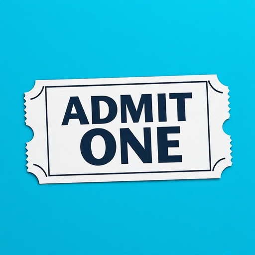 Create a ticket with the text "ADMIT ONE" in large, bold letters on a blue background, using a high-resolution 50mm lens at f/2.8, taken from a straight-on angle with a DSLR camera to enhance details and clarity.