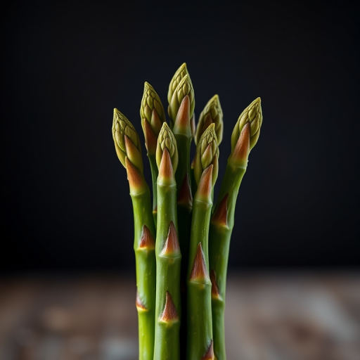 Create a high-resolution image of a green asparagus spear standing upright, taken with a Canon EOS R5, 85mm f/1.2 lens, ISO 100, aperture f/2.8, natural lighting, and a shallow depth of field to emphasize texture and detail.