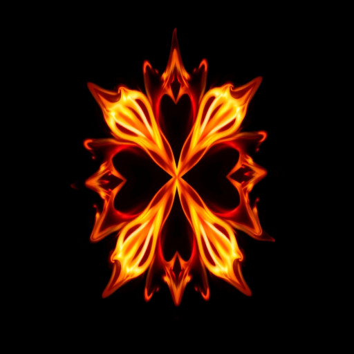 create a vibrant symmetrical design featuring intertwining flames in a star shape against a black background, 50mm lens, f/2.8 aperture, ISO 100, 1/125 sec shutter speed, shot with a DSLR camera in a macro style for enhanced detail and clarity