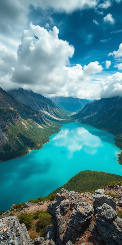 Capture a breathtaking landscape of a turquoise lake surrounded by rugged mountains under a dramatic cloudy sky with a wide-angle lens, aperture f/8, ISO 200, 1/125 sec shutter speed, using a DSLR camera at eye level.