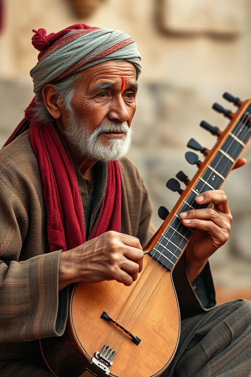 portrait of an elderly man in traditional attire playing a musical instrument, soft focus background, natural light, 50mm lens, aperture f/1.8, shutter speed 1/200s, ISO 100, capture in RAW format, high dynamic range effect, painterly texture overlay