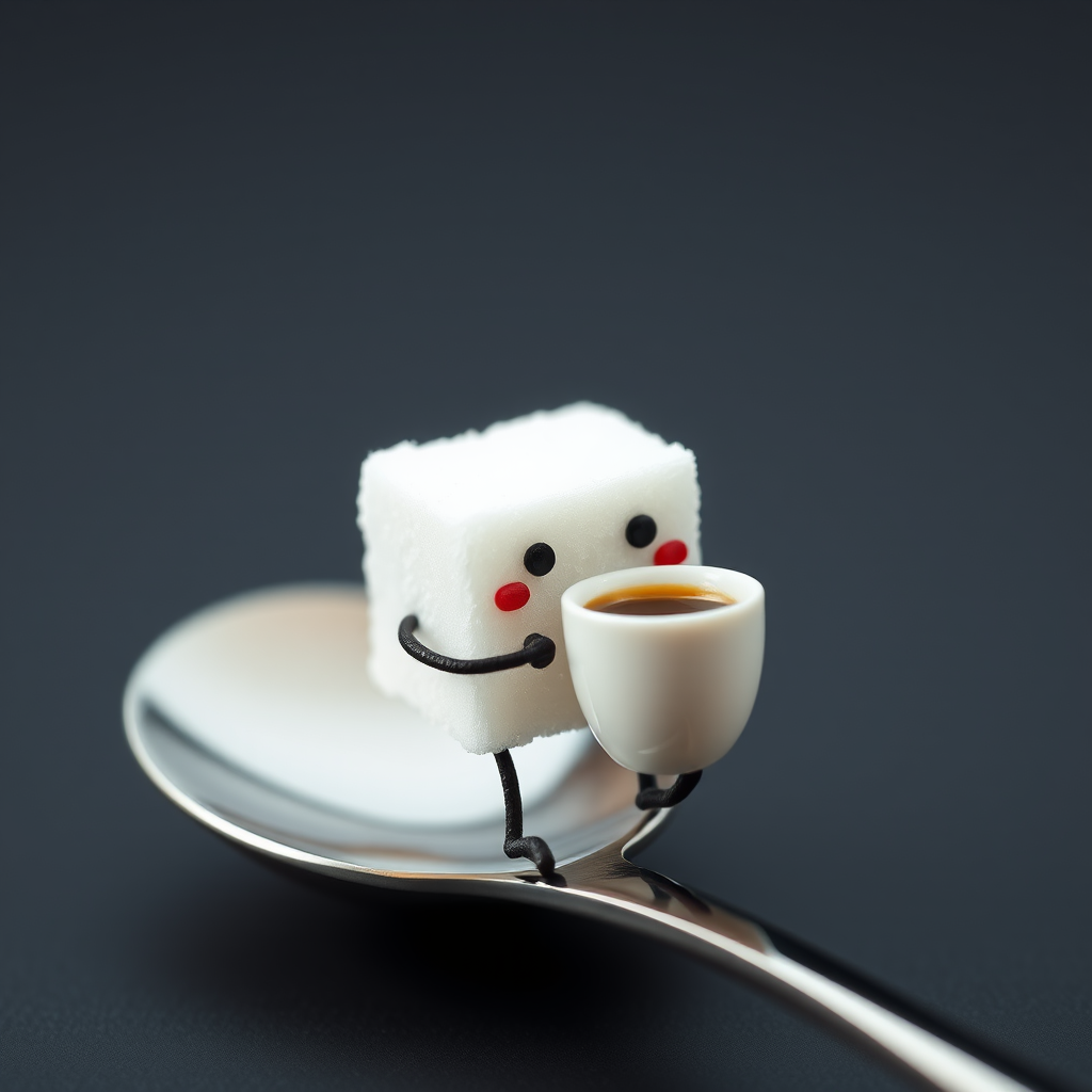 A sugar cube with a face and legs, sitting on a spoon and sipping a tiny cup of coffee.