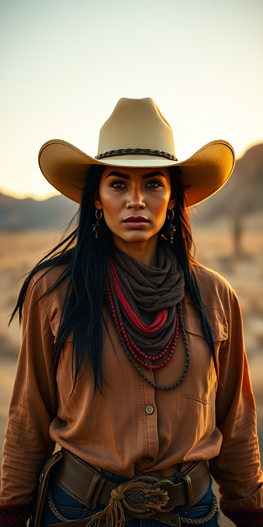 Dramatic photo of a beautiful Maori woman, classic cowboy attire, confident and free spirit expression, half-length portrait, centered, golden hour desert landscape, warm, diffused light, low angle, medium format film camera, in style of Annie Leibovitz.