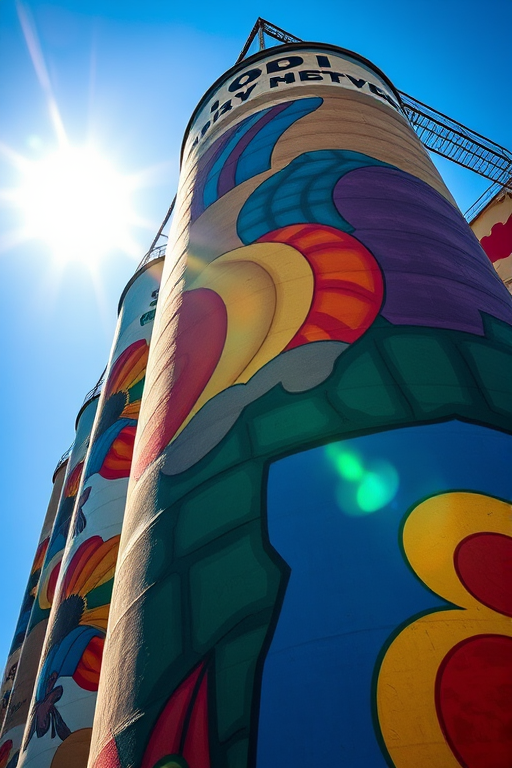 Captivating mural on silos against a bright blue sky, sunlight illuminating vibrant colors, taken with a DSLR camera at f/8, ISO 200, 1/250 sec, wide-angle lens, low angle view for dramatic effect.