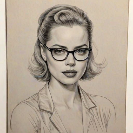 Splendid Melissa George, pencil sketch, portrait of Exquisite woman 1932s in glasses, hair style beatnik, outline, clear lines, fine lines, 8k