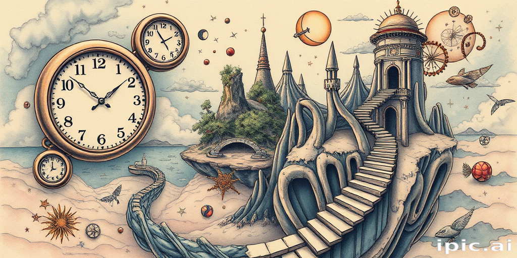Surrealist tattoo "Dreamscape Odyssey" blending elements of nature and fantasy in a dreamlike composition, with melting clocks, floating islands, and impossible staircases in muted pastel hues