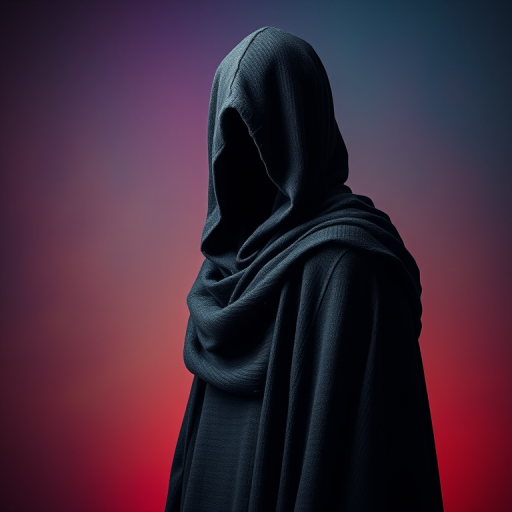 Create an image of a hooded figure with a dark, textured cloak, set against a gradient background of vibrant colors, captured using a Canon EOS 5D Mark IV with a 50mm f/1.2 lens at f/1.2, ISO 100, and a shutter speed of 1/200s in portrait orientation.