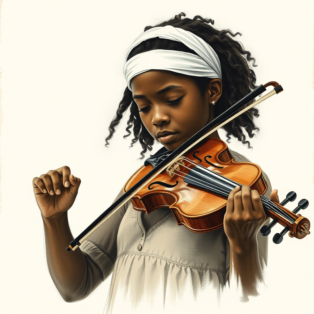 a young African American woman with a white headband playing a violin, in the style of a charcoal drawing, sepia grunge background