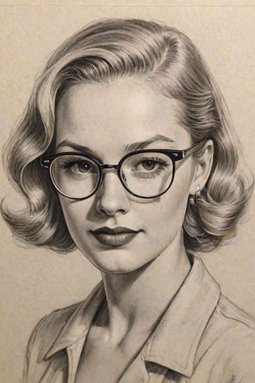 Sublime Alyvia Alyn Lind, pencil sketch, portrait of Charming woman 1938s in glasses, hair style beatnik, outline, clear lines, fine lines, 8k
