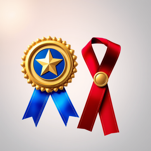 Create a high-quality digital illustration of two award ribbons, one gold with a star in the center and a blue ribbon, and one red ribbon, using soft lighting and a shallow depth of field, shot with a DSLR camera at f/2.8, ISO 100, 50mm lens, in high-resolution format.