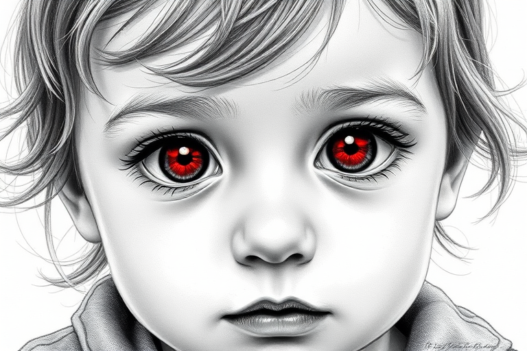 A hyperdetailed photorealistic black and white sketch of a beautiful toddler with deep red eyes, with a macro focus