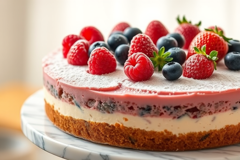 A beautifully decorated cake topped with fresh raspberries blueberries and strawberries dusted with powdered sugar on a marble cake stand with a blurred light background.