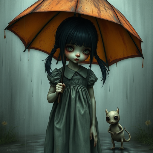 An eerie, weird little girl with dark hair in thin pigtails, wearing a smock dress, standing in the rain, holding a dirty orange umbrella, a small, odd creature beside her. In a surreal style inspired by Nicoletta Ceccoli and Brian Froud. Dark fantasy themes
