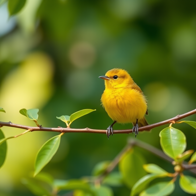 Capture a vibrant yellow bird perched on a branch with green leaves in a soft-focus background, using a DSLR camera at f/2.8 for shallow depth of field, ISO 400, 1/250s shutter speed, in natural light, with a macro lens to enhance details.
