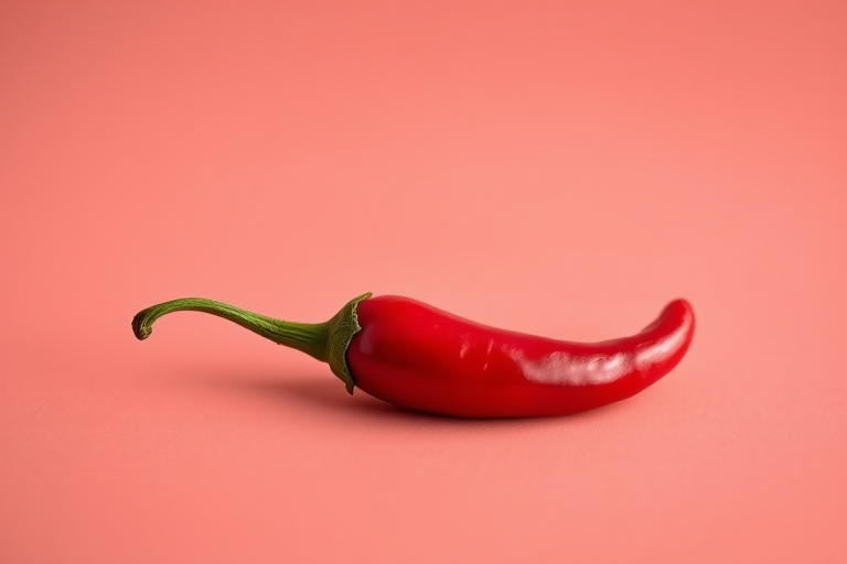 Create a high-resolution image of a glossy red chili pepper on a plain background using a DSLR camera at f/2.8 aperture, 50mm lens, ISO 100, with soft diffused lighting to enhance texture and color vibrancy.