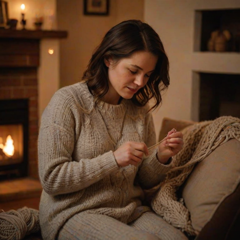 Warm, softly lit photo of a woman knitting in a cozy living room, soft glow from the fireplace casting warm shadows on the walls, the smell of wool and burning wood filling the air, and the sense of a quiet evening at home.
