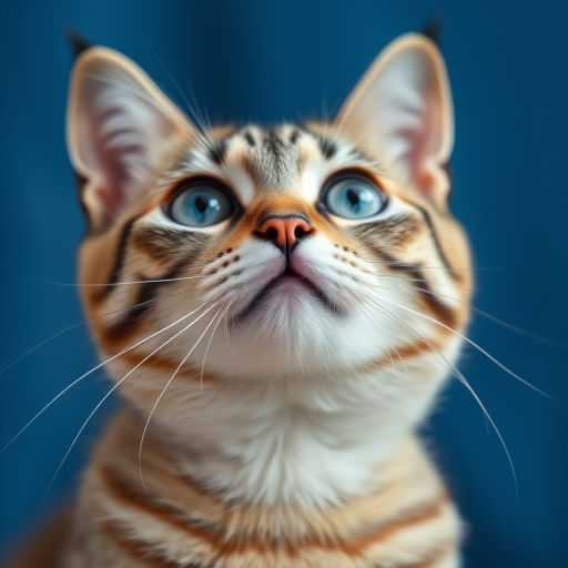 A close-up portrait of a silver tabby cat with bright blue eyes, gazing upwards against a blurred blue background, captured with a DSLR camera, using a 50mm lens at f/1.8, ISO 200, and a shutter speed of 1/200s.