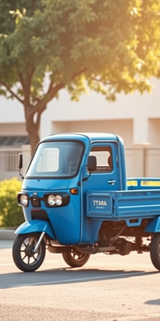 Generate an image of a blue three-wheeled truck in a well-lit outdoor setting, captured with a DSLR camera at f/4, ISO 100, shutter speed 1/250s, using a wide-angle lens for a dynamic perspective and a shallow depth of field to enhance focus on the vehicle.