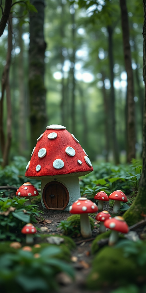 Generate a whimsical forest scene featuring a large red mushroom house with white spots, smaller mushroom houses nearby, surrounded by lush greenery, captured with a Canon EOS R5, 50mm lens, f/1.8 aperture, ISO 200, natural lighting, and a slight depth of field effect for enhanced image quality.