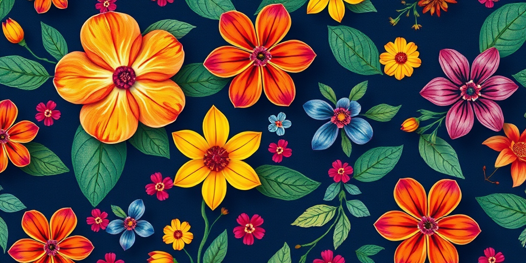create a vibrant floral pattern with multicolored flowers and leaves on a dark blue background, use a macro lens for intricate details, f/2.8 aperture for a soft blur effect, ISO 100 for clarity, capture in natural light to enhance colors, digital camera type
