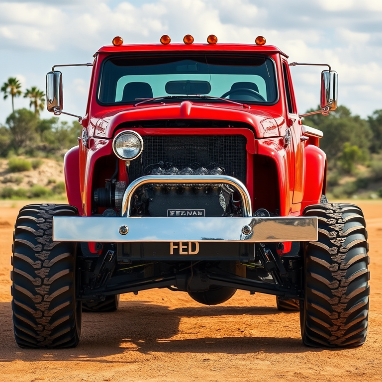 regenerate a high-resolution image of a red lifted truck with a chrome engine and oversized tires, frontal view, 50mm lens, aperture f/8, ISO 100, DSLR camera, vibrant colors and sharp details