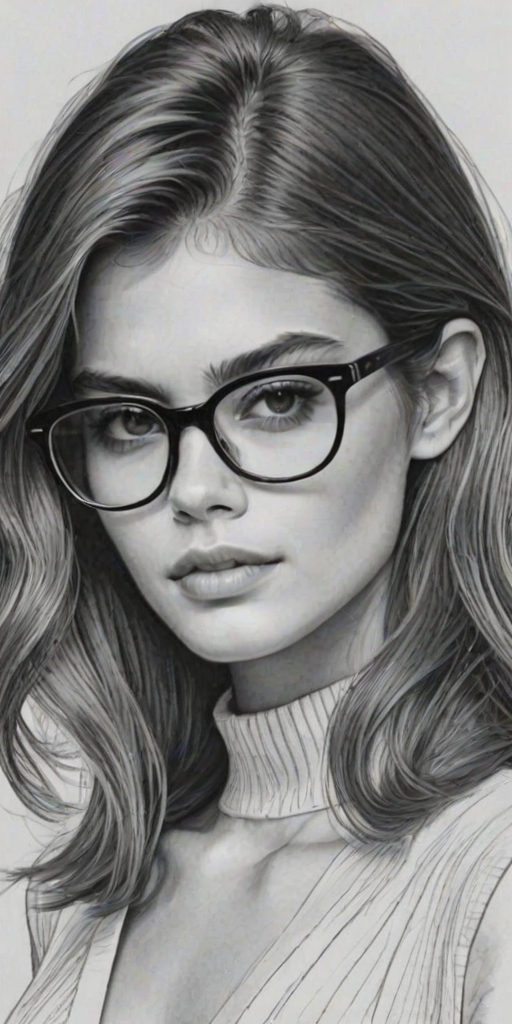Stunning Kaia Gerber, pencil sketch, portrait of Elegant woman 1965s in glasses, hair style beatnik, outline, clear lines, fine lines, 8k