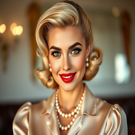 A beautiful Hispanic woman reminiscent of 1950s Hollywood glamour, with perfectly styled blonde hair and a seductive smile, dressed in a satin blouse and adorned with pearls, soft and warm tones, photorealistic, 8K