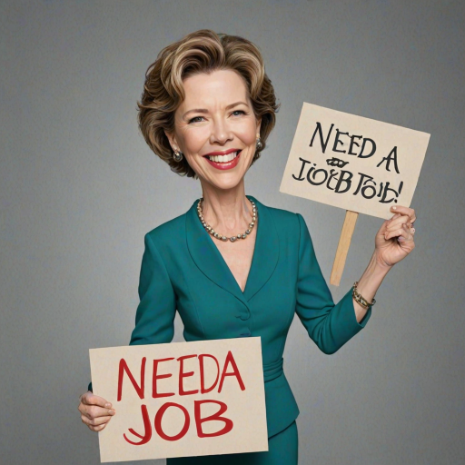caricature of a smiling Annette Bening in a Teal dress or suit, holding up a sign that says "NEED A JOB", no watermark,