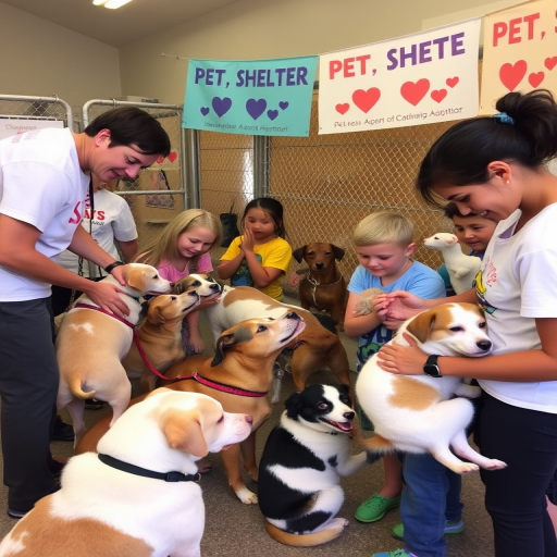 Heartwarming scene at a pet shelter, volunteers caring for dogs and cats, children interacting with the animals, and colorful banners promoting the adoption event.