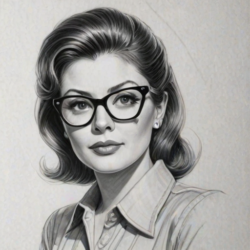 Resplendent Jane Leeves, pencil sketch, portrait of Bewitching woman 1950s in glasses, hair style beatnik, outline, clear lines, fine lines, 8k
