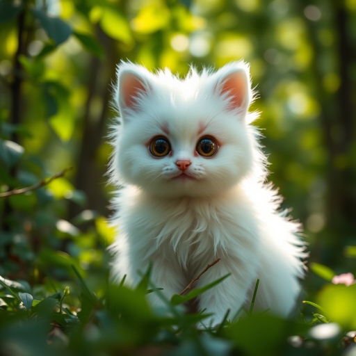 Create a highly detailed portrait of a fluffy white creature with large expressive eyes sitting in a lush green forest, soft afternoon sunlight filtering through the leaves, using a Canon EOS R5 with an 85mm f/1.4 lens at ISO 100, aperture set to f/2.8, shutter speed 1/200s, in a shallow depth of field for a dreamy effect.